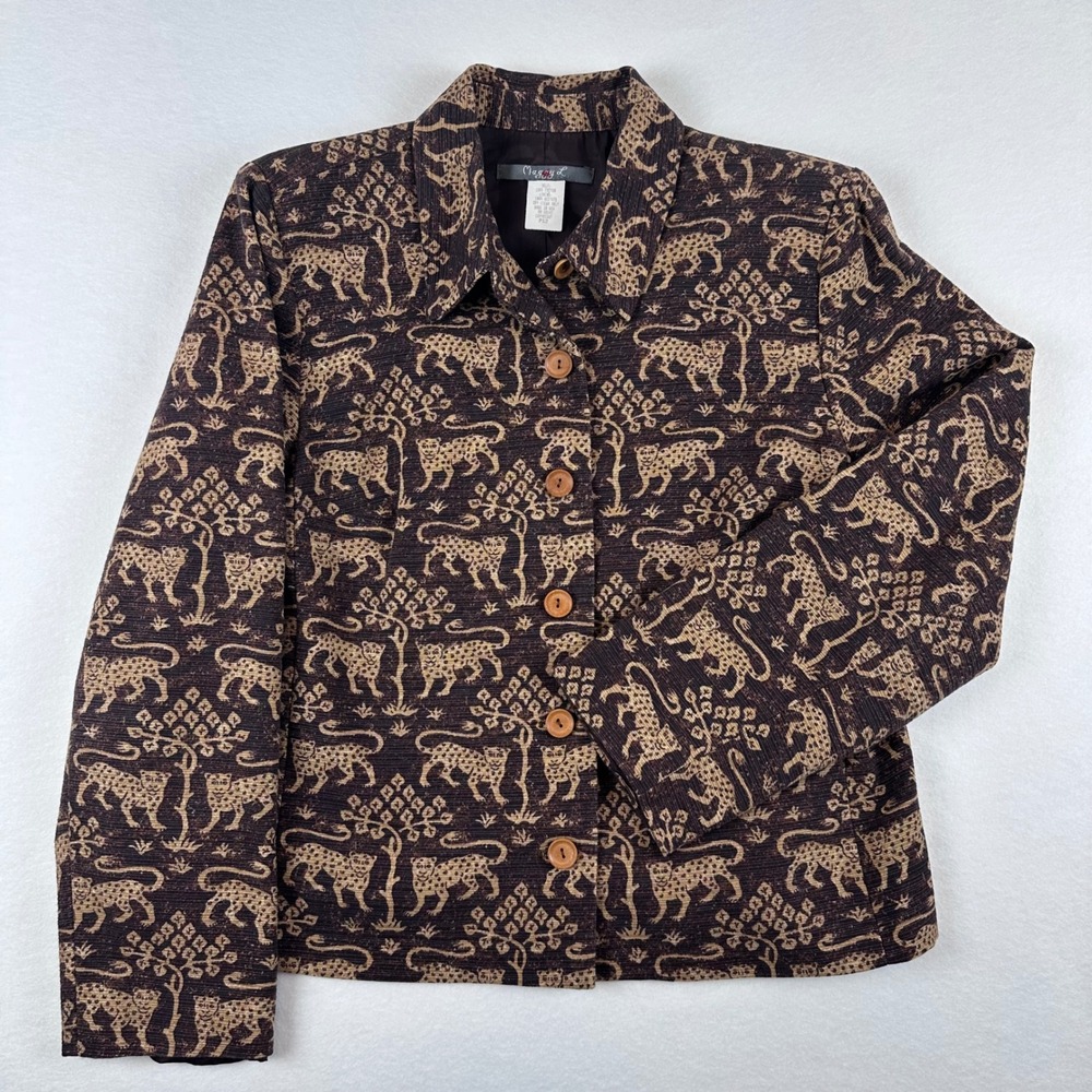 Maggy L Vintage Leopard Print Tapestry Jacket Brown Cotton Novelty Size 12